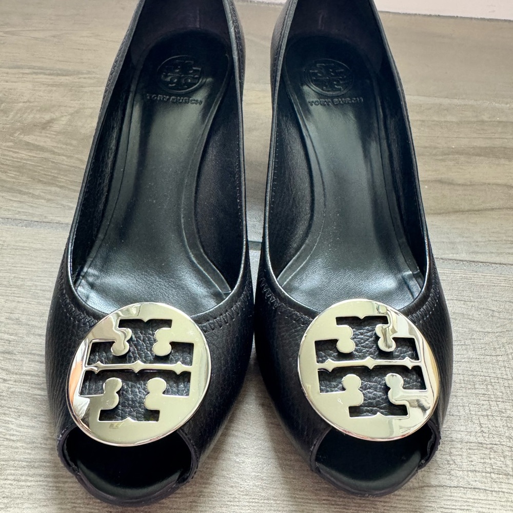 Tory Burch Black Pebble Leather Peep-Toe Wedge with Silver Logo